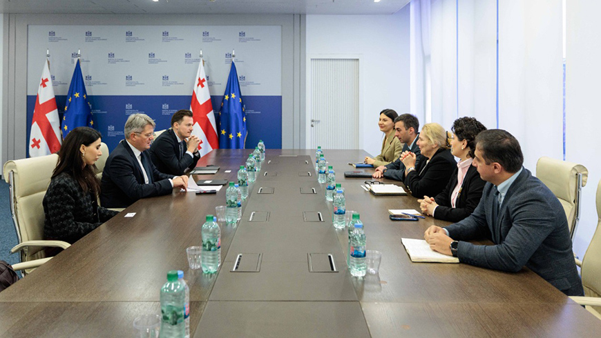 Inga Phkaladze bespricht mit dem Direktor der Energiegemeinschaft Arthur Lorkowski aktuelle Entwicklungen im Energiesektor